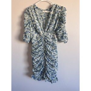 Super Sexy Mabel Ruched Deep V-neck Mini Dress floral blue ivory lined FunFlirty